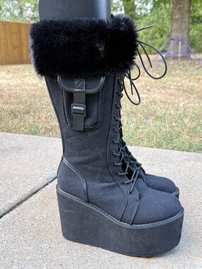 Black Faux Fur Knee High Platform Wedge Boots Y2K Goth Grunge Cyber Alt 4359